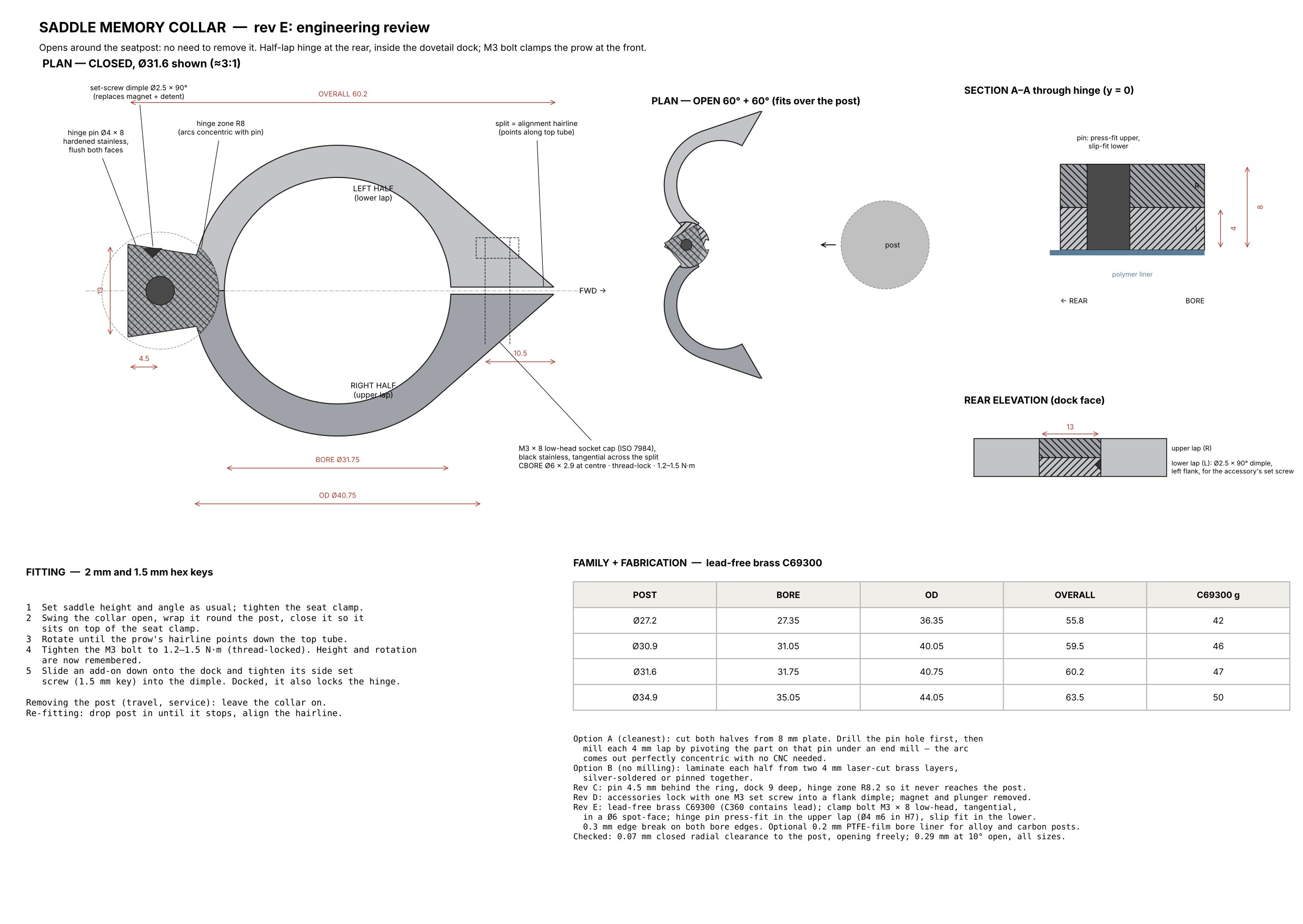 Engineering drawing of the collar: plan, sections and dimensions