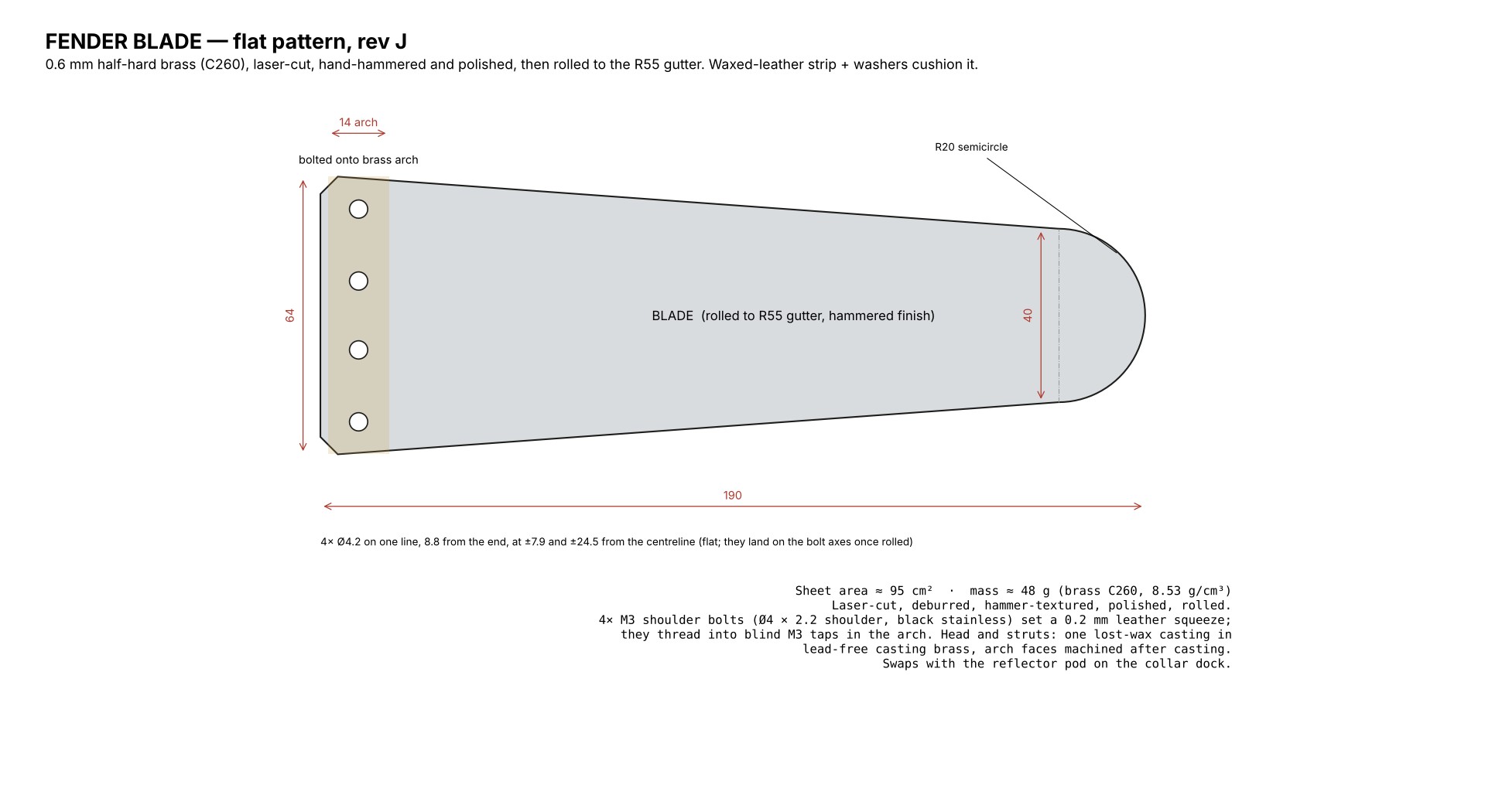 Flat pattern of the fender blade with its four bolt holes