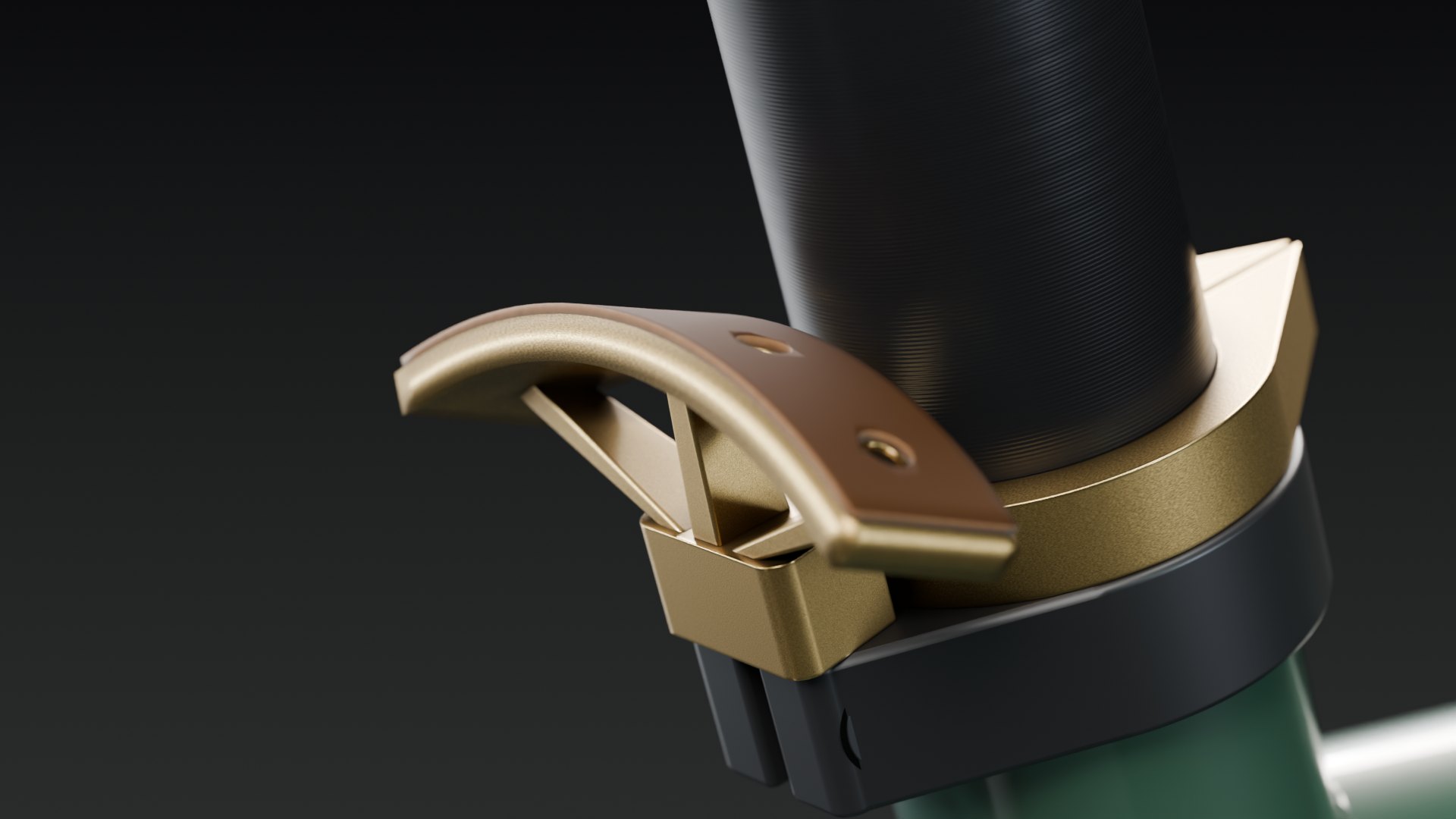 The fender head without its blade: a brass node, three tapered struts and the brass arch with its tapped holes