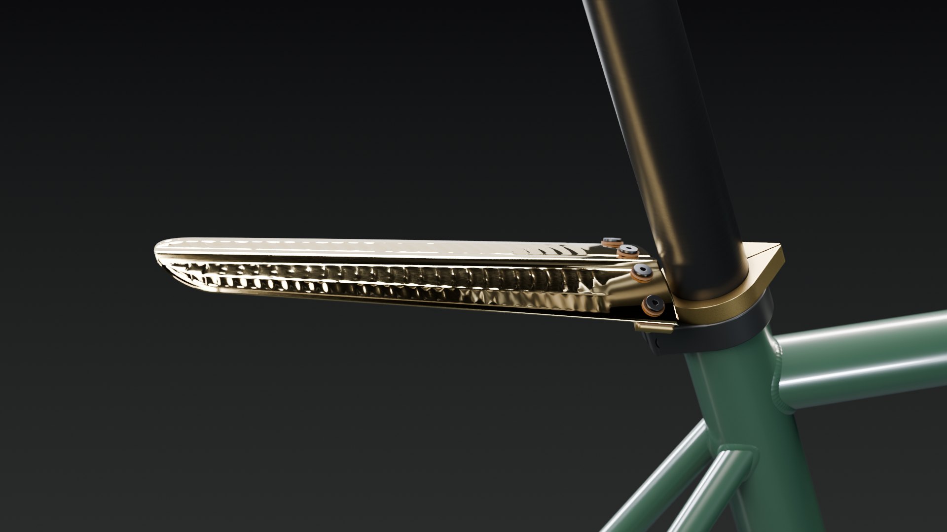 Hammered brass fender blade bolted to its brass arch behind the seatpost